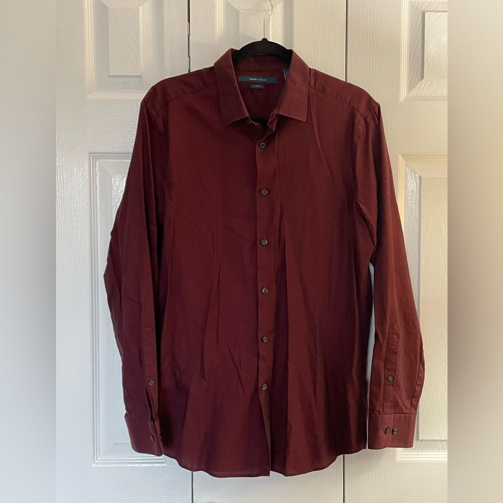 Perry Ellis - Men’s Slim Fit Burgundy Long Sleeve Button down Shirt